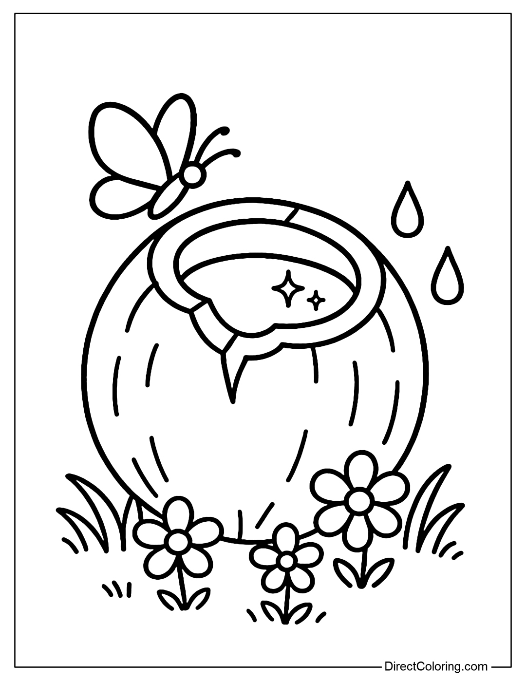 Coloring page of a coconut with a slight crack on the top, revealing sparkling coconut water. On the coconut shell there is a small butterfly perched, a few small flowers growing around the coconut's base.